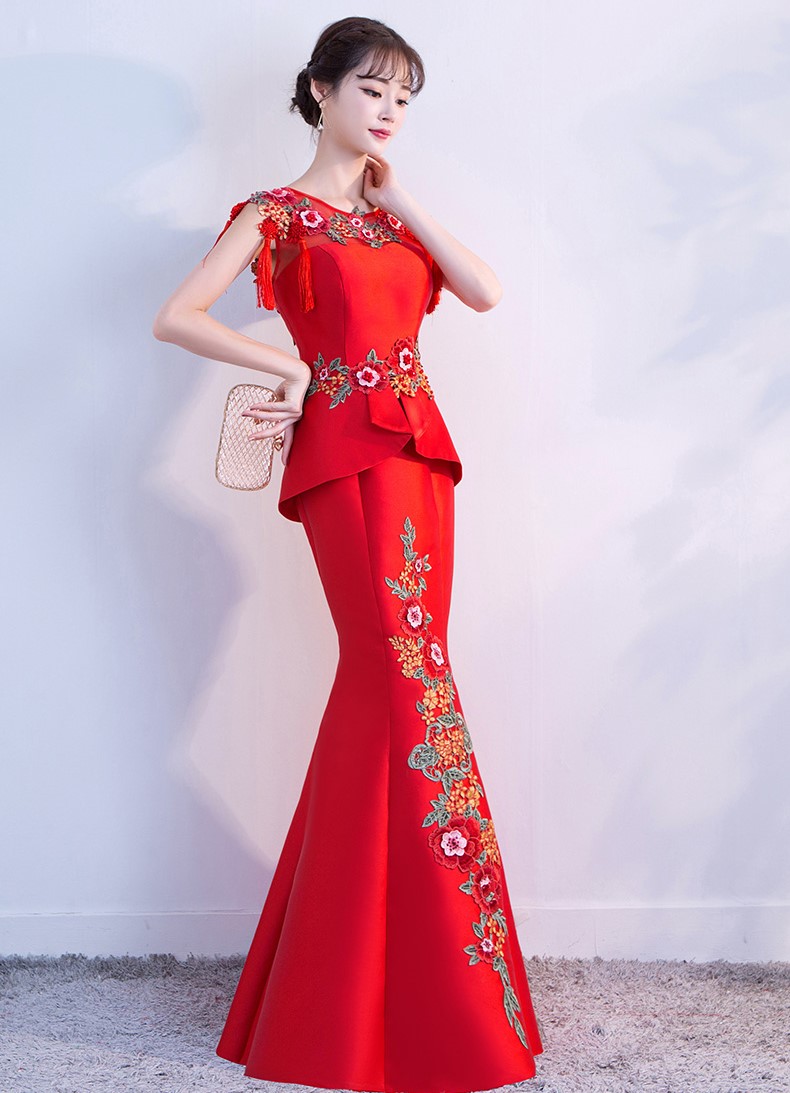 紅色顯瘦長款中式禮服，家佳樂文學魚尾晚禮服