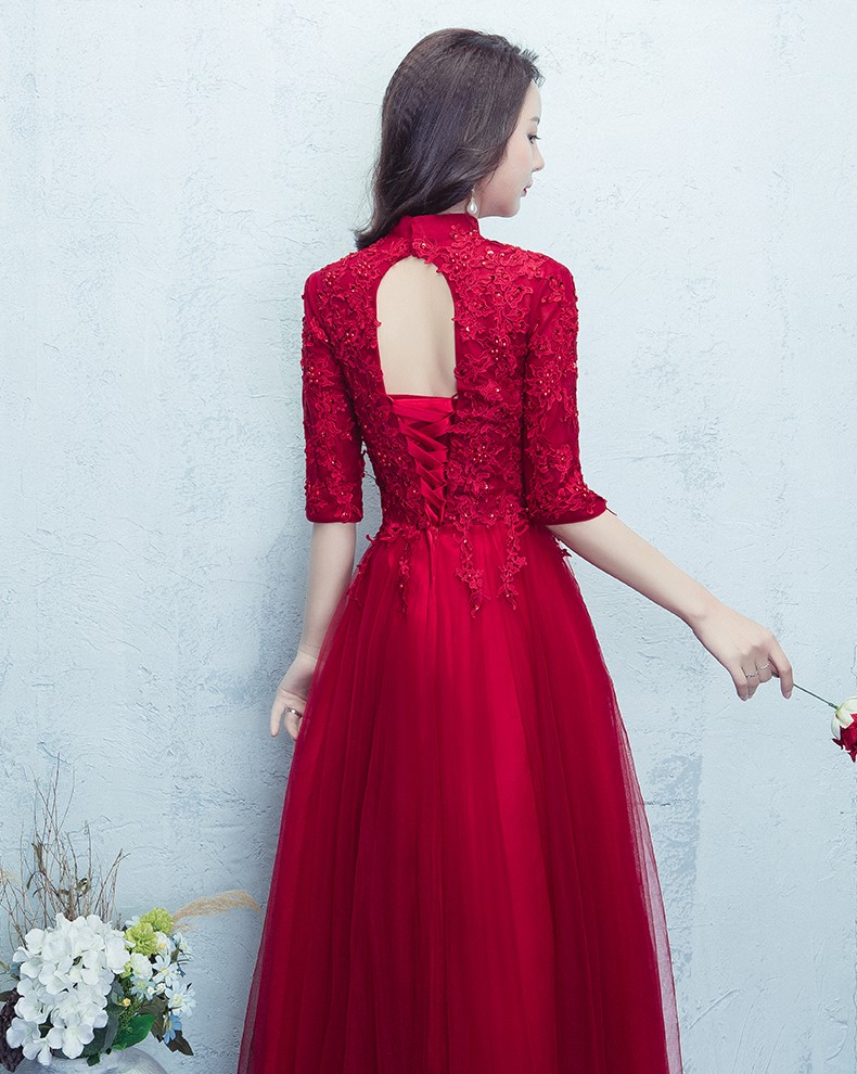 紅色蕾絲網(wǎng)紗裙中式禮服，優(yōu)雅修身晚禮服
