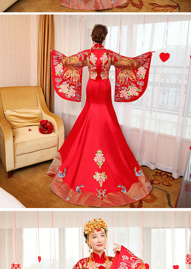 華麗復(fù)古中式禮服，新娘魚尾結(jié)婚禮服