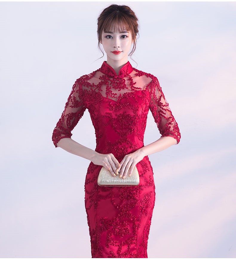 精致復(fù)古中式禮服，蕾絲魚尾晚禮服