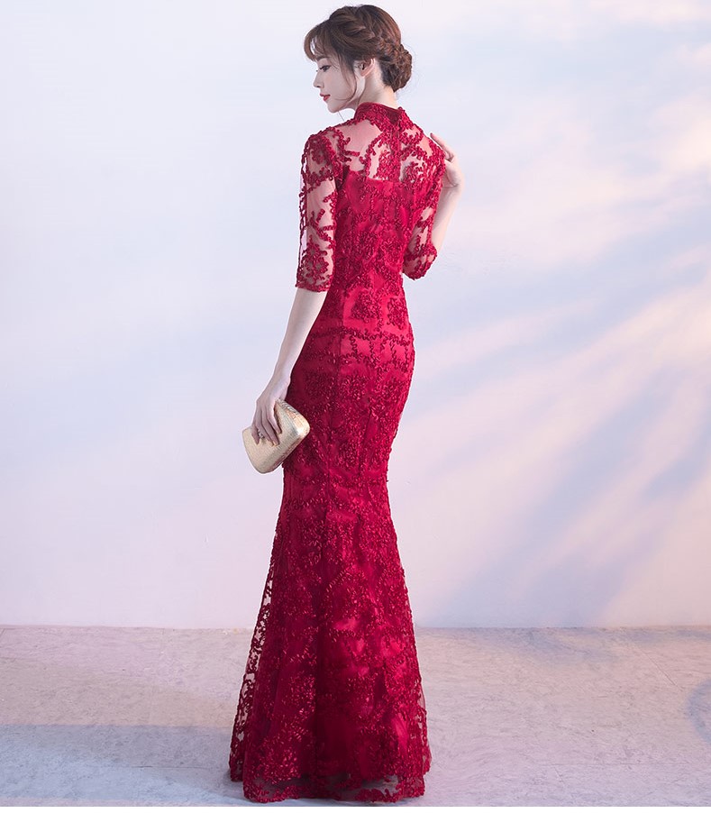 精致復(fù)古中式禮服，蕾絲魚尾晚禮服