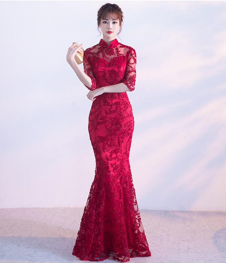 精致復(fù)古中式禮服，蕾絲魚尾晚禮服