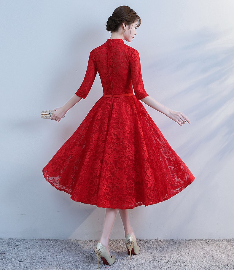 復(fù)古立領(lǐng)中式禮服，蕾絲中袖晚禮服
