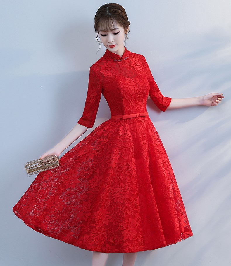 復(fù)古立領(lǐng)中式禮服，蕾絲中袖晚禮服