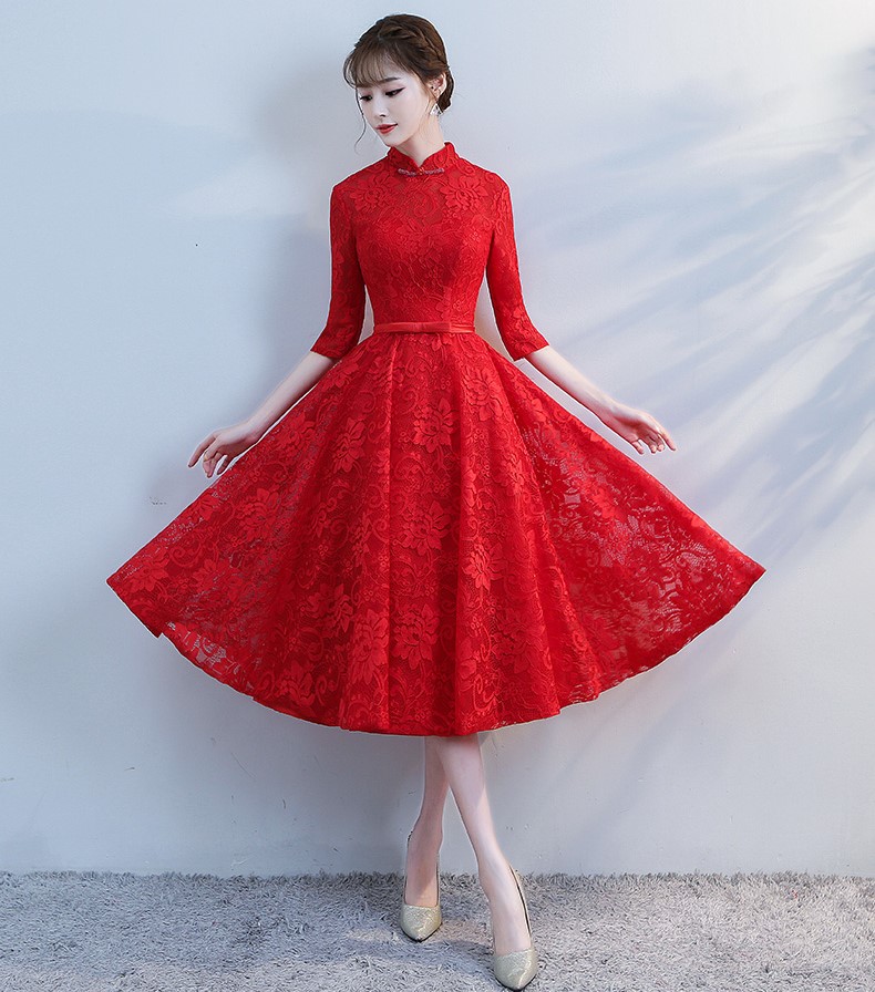 復(fù)古立領(lǐng)中式禮服，蕾絲中袖晚禮服