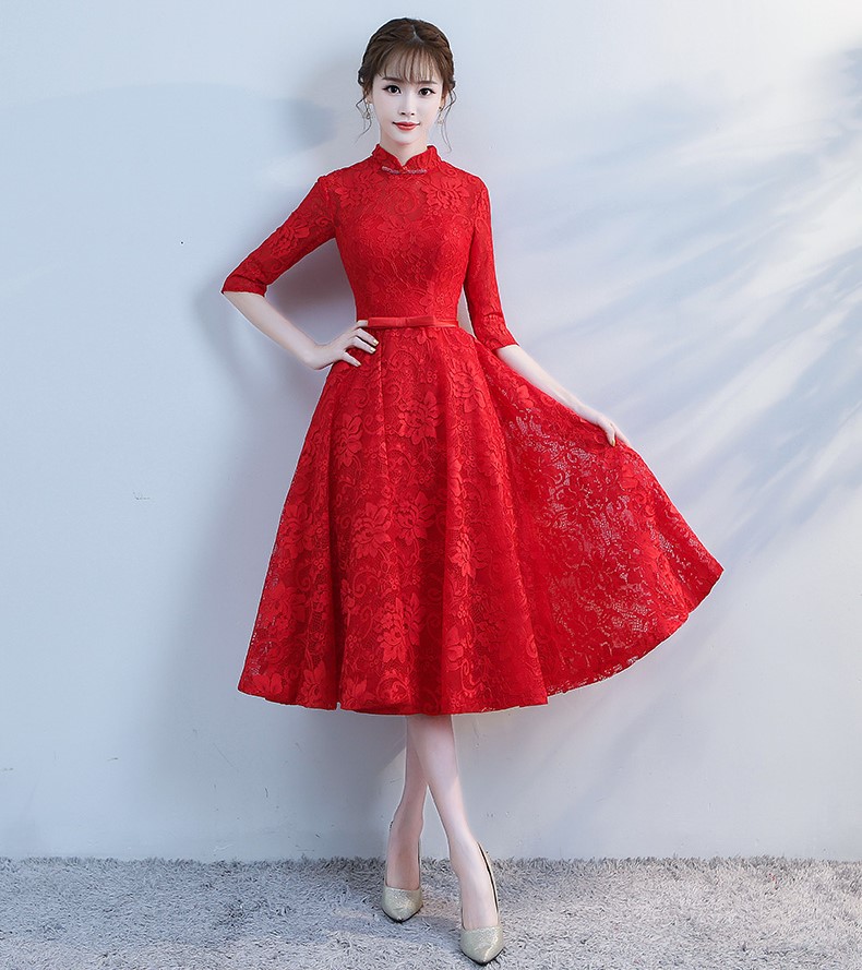 復(fù)古立領(lǐng)中式禮服，蕾絲中袖晚禮服