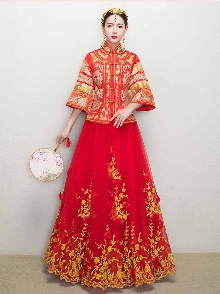 復(fù)古龍鳳褂中式禮服，蕾絲網(wǎng)紗裙新娘結(jié)婚禮服