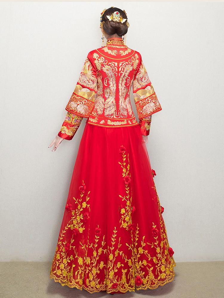 復(fù)古龍鳳褂中式禮服，蕾絲網(wǎng)紗裙新娘結(jié)婚禮服