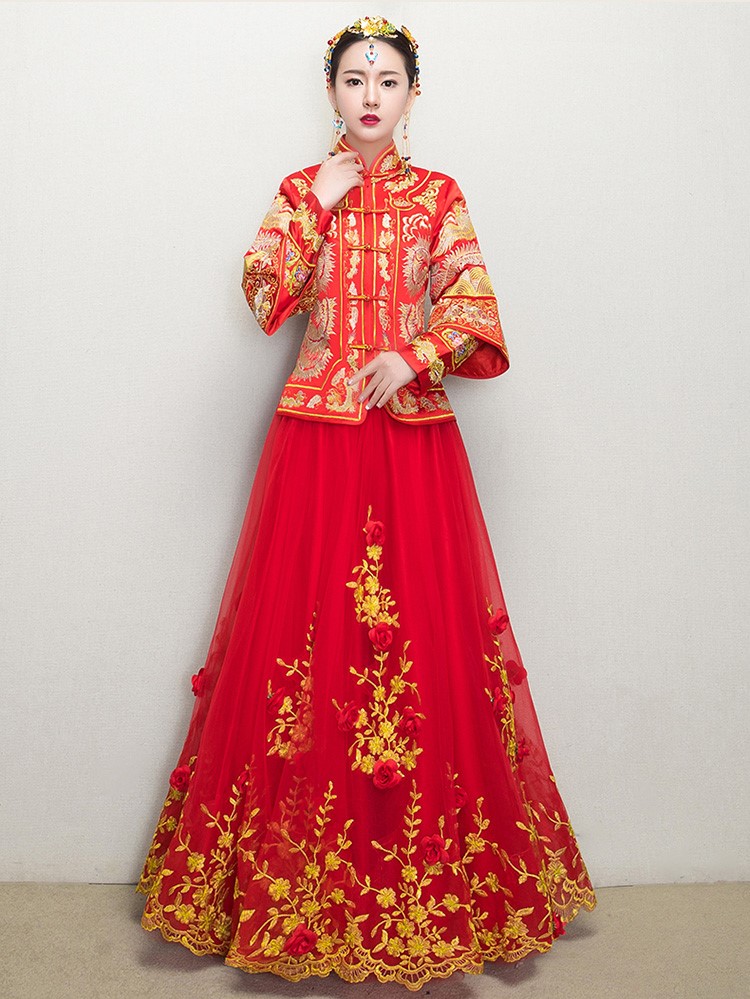 復(fù)古龍鳳褂中式禮服，蕾絲網(wǎng)紗裙新娘結(jié)婚禮服