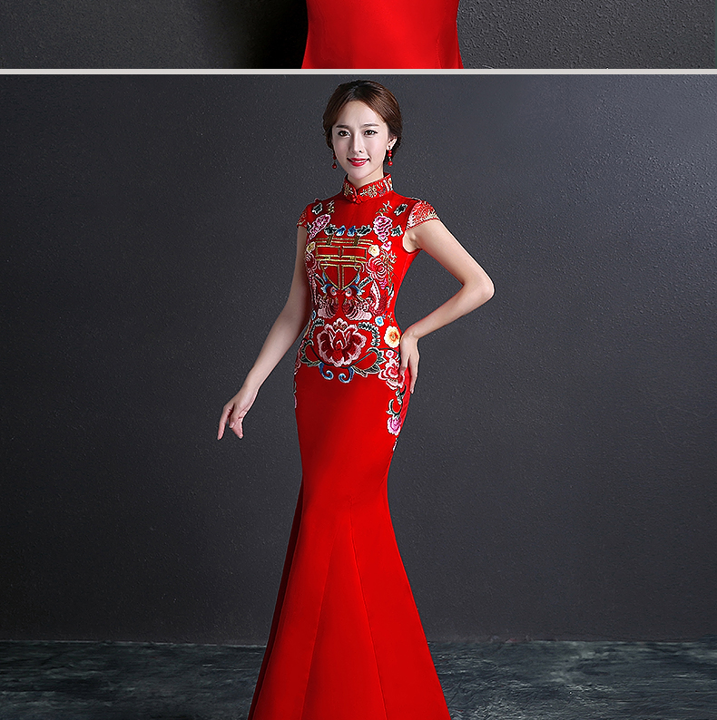 雙喜繡花中式禮服，魚尾修身晚禮服