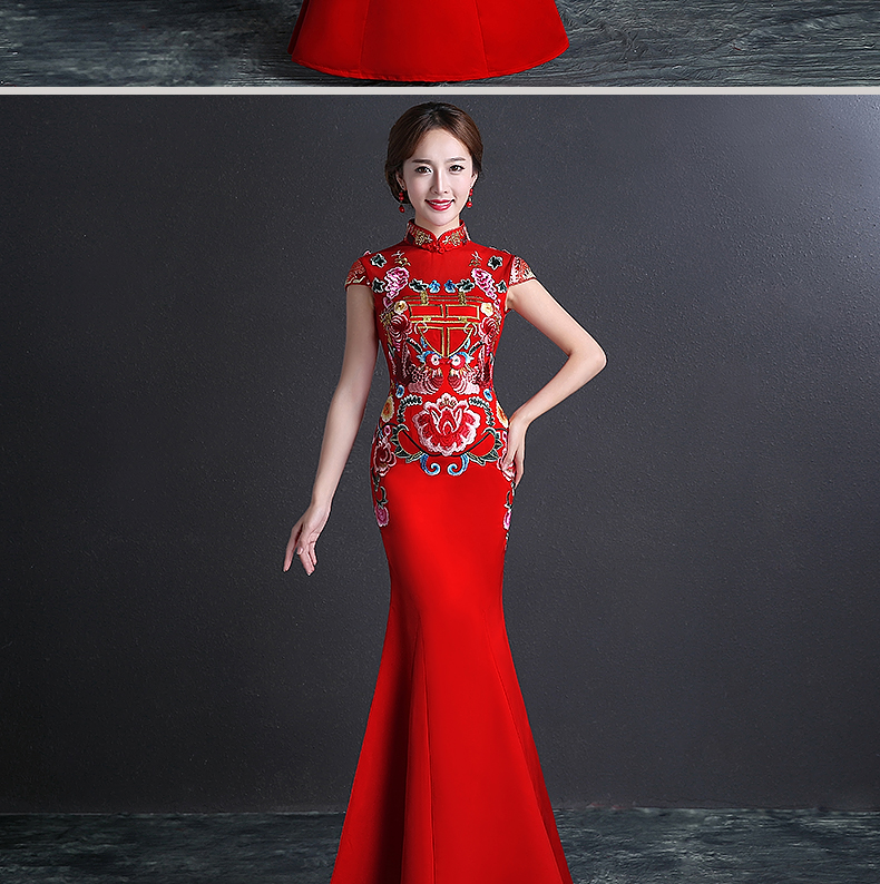 雙喜繡花中式禮服，魚尾修身晚禮服