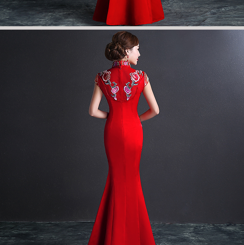 雙喜繡花中式禮服，魚尾修身晚禮服