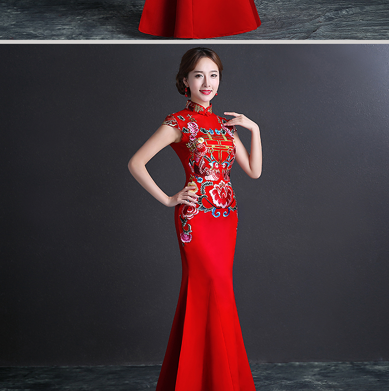 雙喜繡花中式禮服，魚尾修身晚禮服