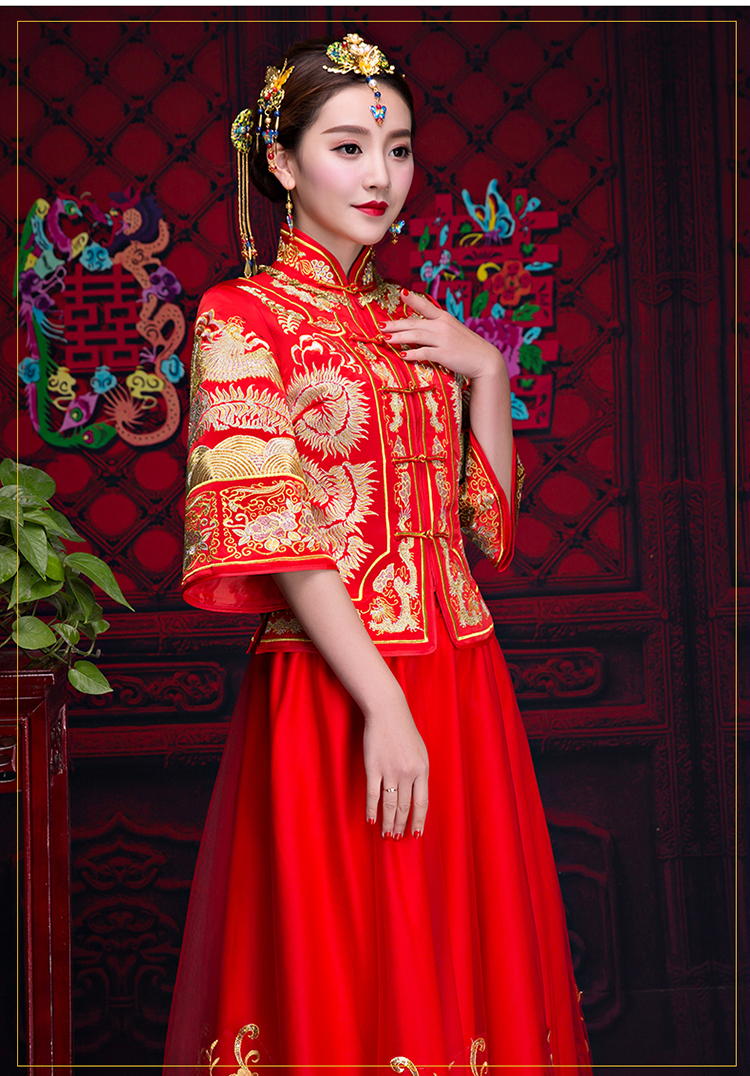 紅色中袖中式禮服，復(fù)古家佳樂(lè)文學(xué)新娘禮服