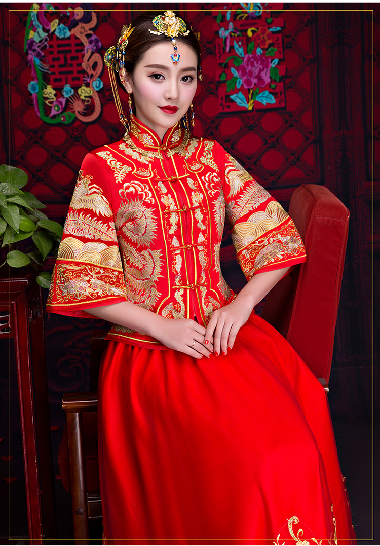 紅色中袖中式禮服，復(fù)古家佳樂(lè)文學(xué)新娘禮服