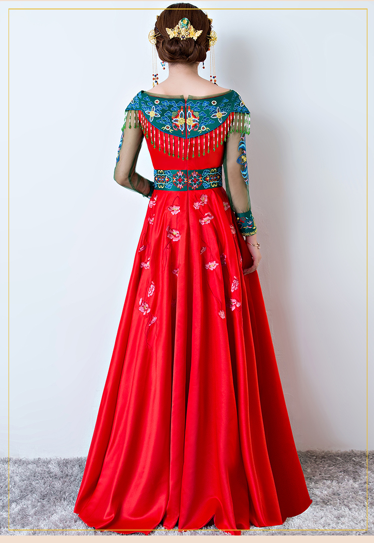 時尚一字肩中式禮服，復(fù)古家佳樂文學(xué)新娘禮服