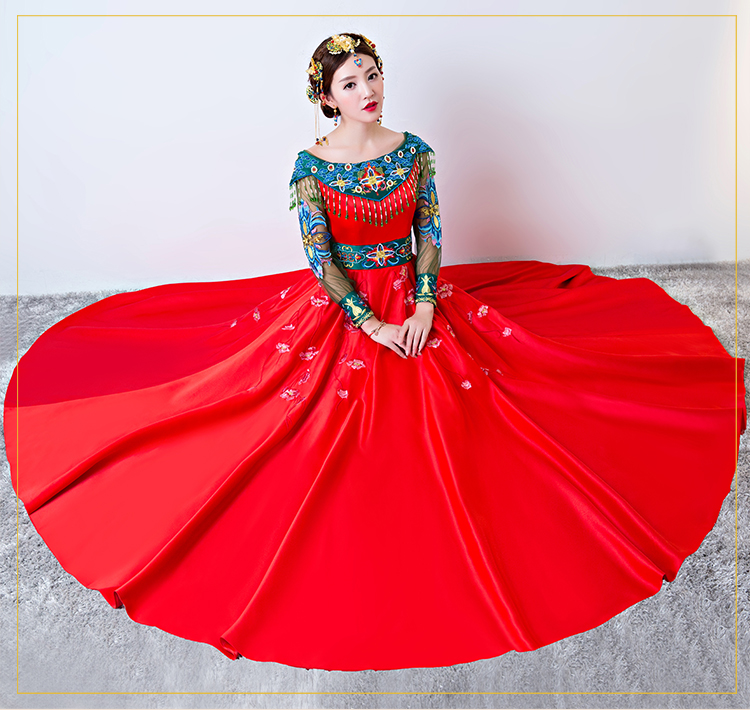 時尚一字肩中式禮服，復(fù)古家佳樂文學(xué)新娘禮服