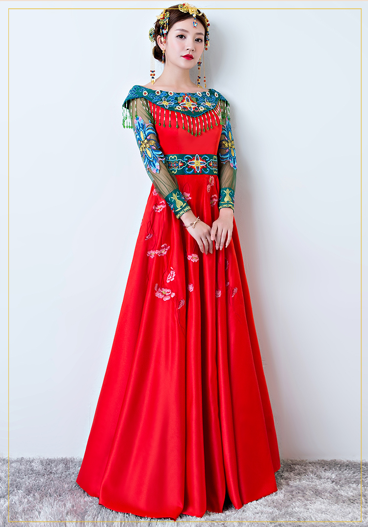 時尚一字肩中式禮服，復(fù)古家佳樂文學(xué)新娘禮服