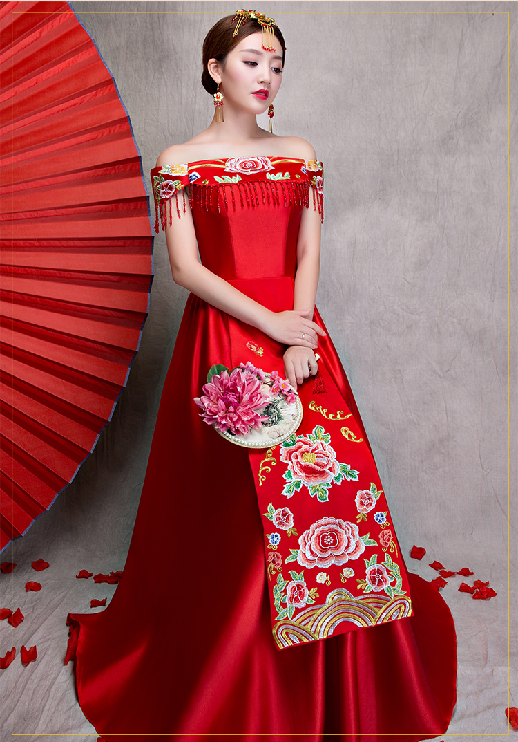 時(shí)尚一字肩無(wú)袖中式禮服，家佳樂(lè)文學(xué)新娘禮服