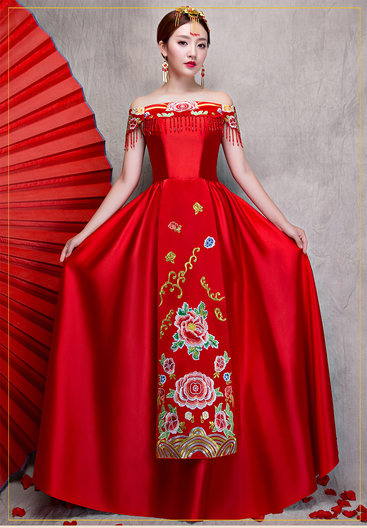 時(shí)尚一字肩無(wú)袖中式禮服，家佳樂(lè)文學(xué)新娘禮服