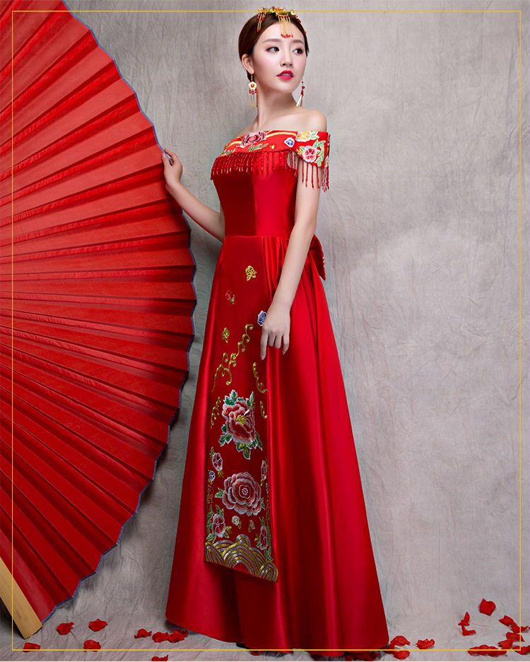 時(shí)尚一字肩無(wú)袖中式禮服，家佳樂(lè)文學(xué)新娘禮服