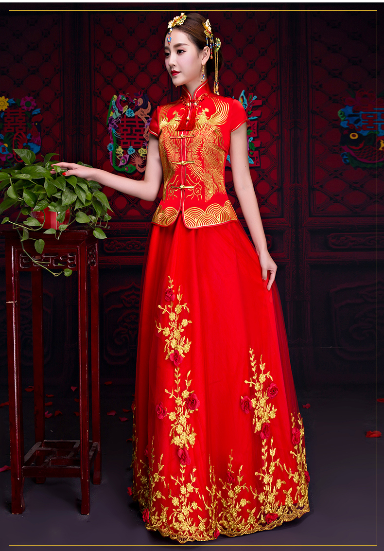 短袖對襟中式禮服，蕾絲裙新娘禮服