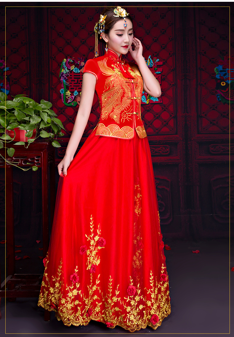 短袖對襟中式禮服，蕾絲裙新娘禮服