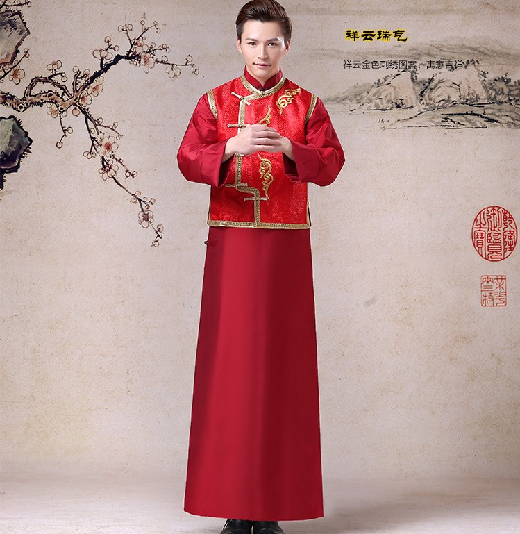 家佳樂文學(xué)祥云圖案新郎禮服，長袍褂衣中式禮服