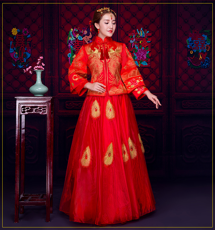 羽毛繡花蕾絲裙新娘禮服，時(shí)尚中式禮服