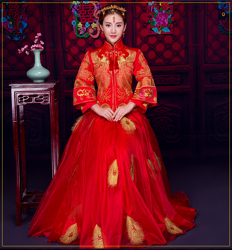 羽毛繡花蕾絲裙新娘禮服，時(shí)尚中式禮服