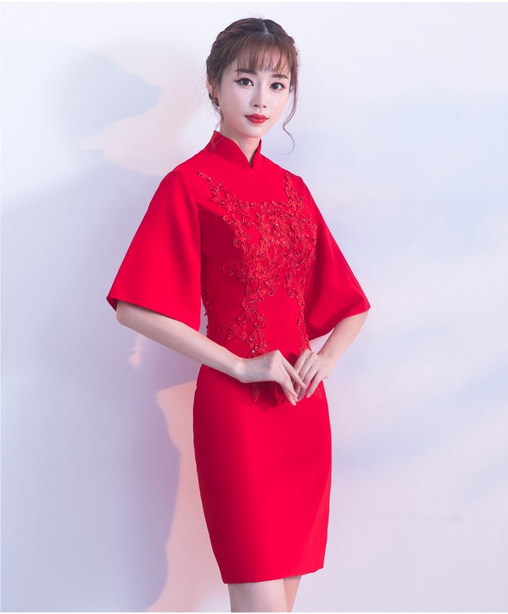 氣質(zhì)小禮服裙，短款紅色中式禮服