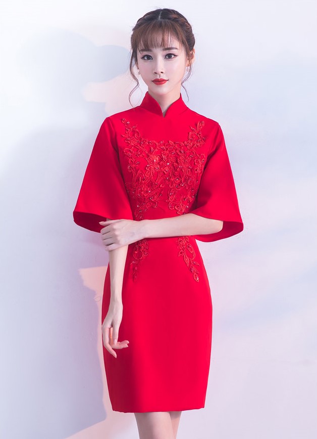 氣質(zhì)小禮服裙，短款紅色中式禮服