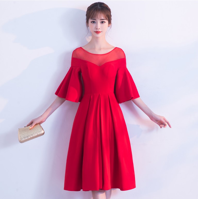 時(shí)尚荷葉袖中長款禮服裙，優(yōu)雅網(wǎng)紗中式禮服