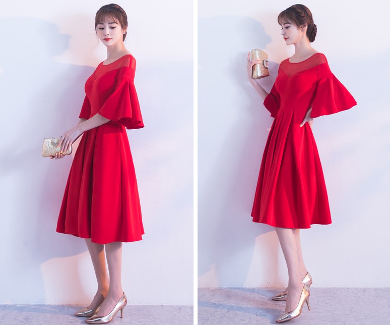 時(shí)尚荷葉袖中長款禮服裙，優(yōu)雅網(wǎng)紗中式禮服