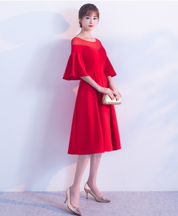 時(shí)尚荷葉袖中長款禮服裙，優(yōu)雅網(wǎng)紗中式禮服