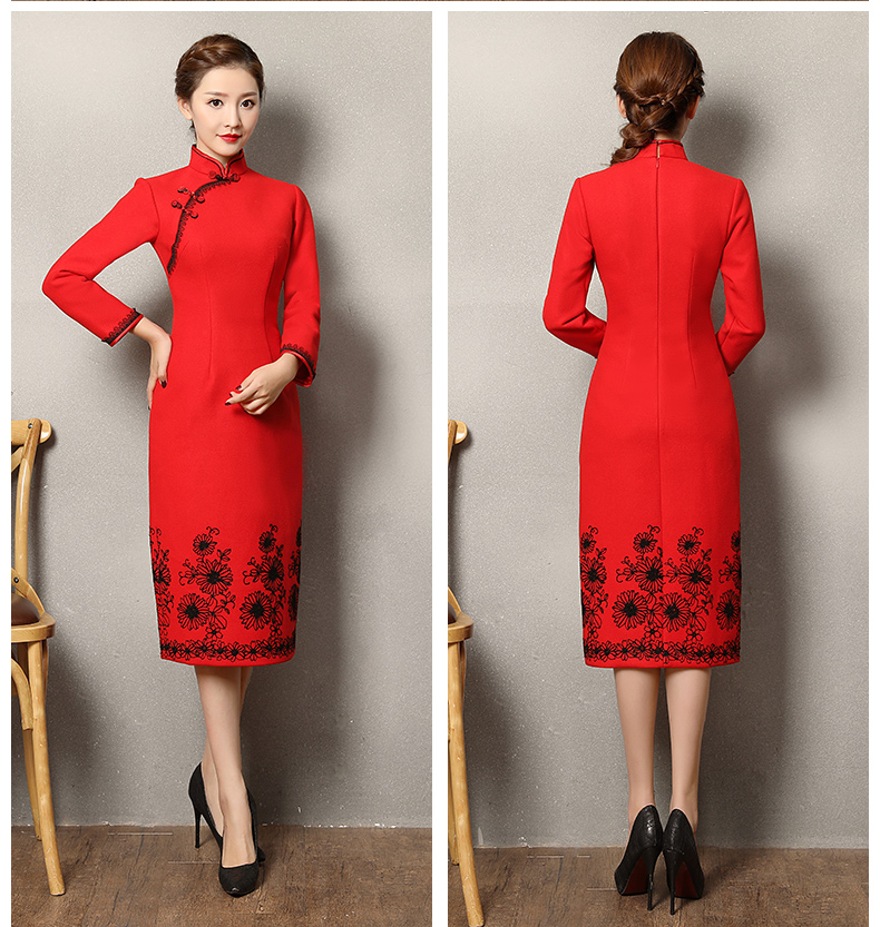復(fù)古之美紅色旗袍，蕾絲花紋修身旗袍裙