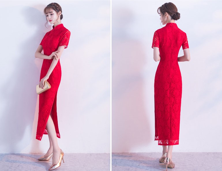 性感開叉紅色旗袍，蕾絲花紋旗袍禮服裙