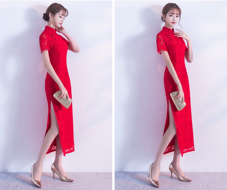 性感開叉紅色旗袍，蕾絲花紋旗袍禮服裙