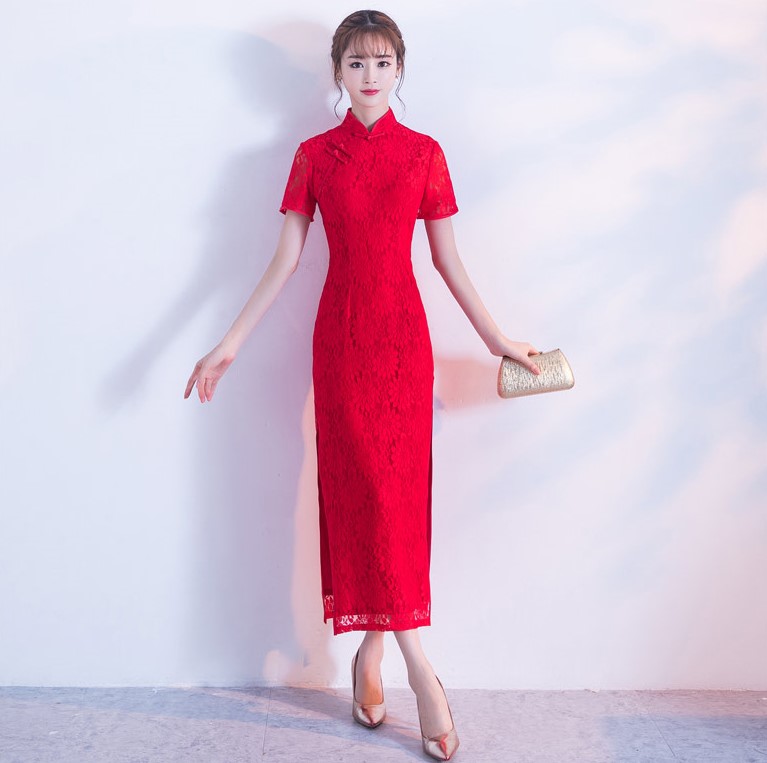 性感開叉紅色旗袍，蕾絲花紋旗袍禮服裙