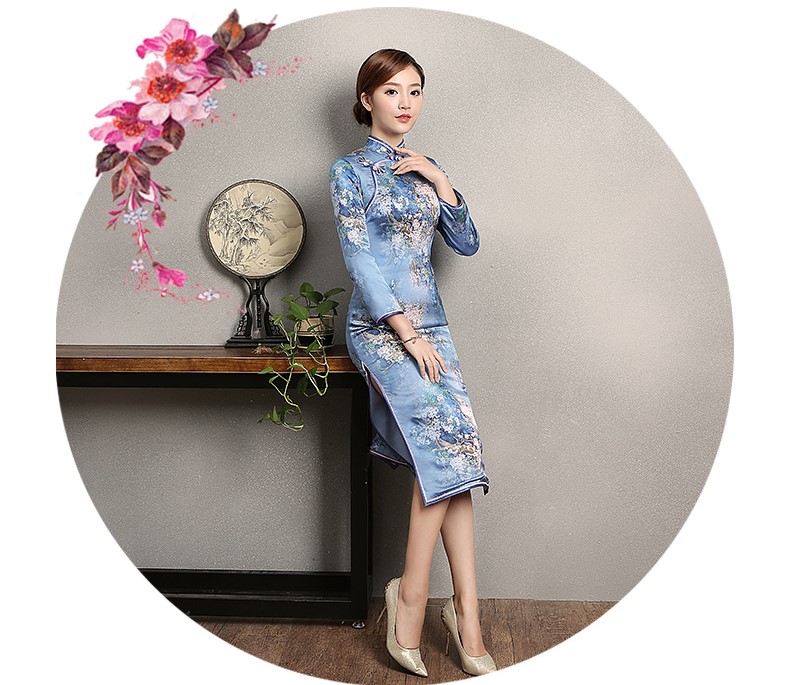藍(lán)色印花開叉旗袍，時尚優(yōu)雅旗袍裙