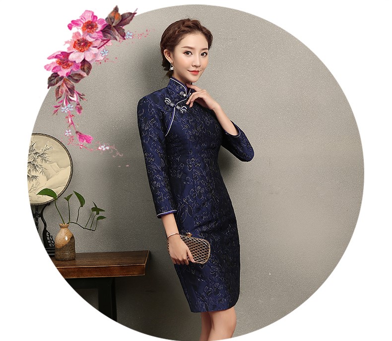 藍思印花中長款旗袍，端莊大氣旗袍裙
