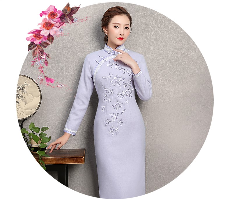 紫色繁花旗袍，復(fù)古刺繡旗袍裙