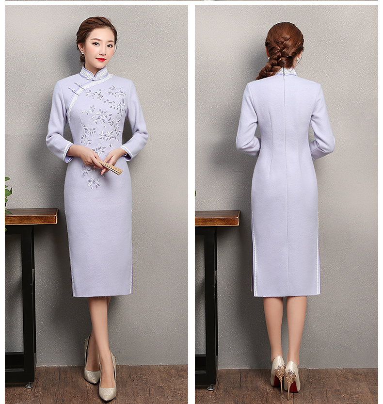 紫色繁花旗袍，復(fù)古刺繡旗袍裙