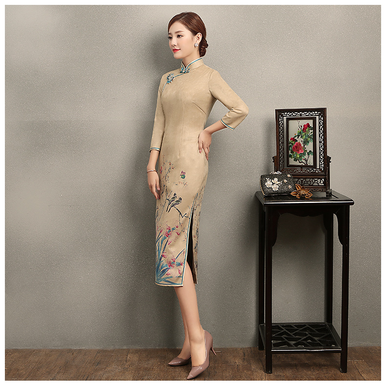 黃色印花相依旗袍，復古民族風旗袍裙