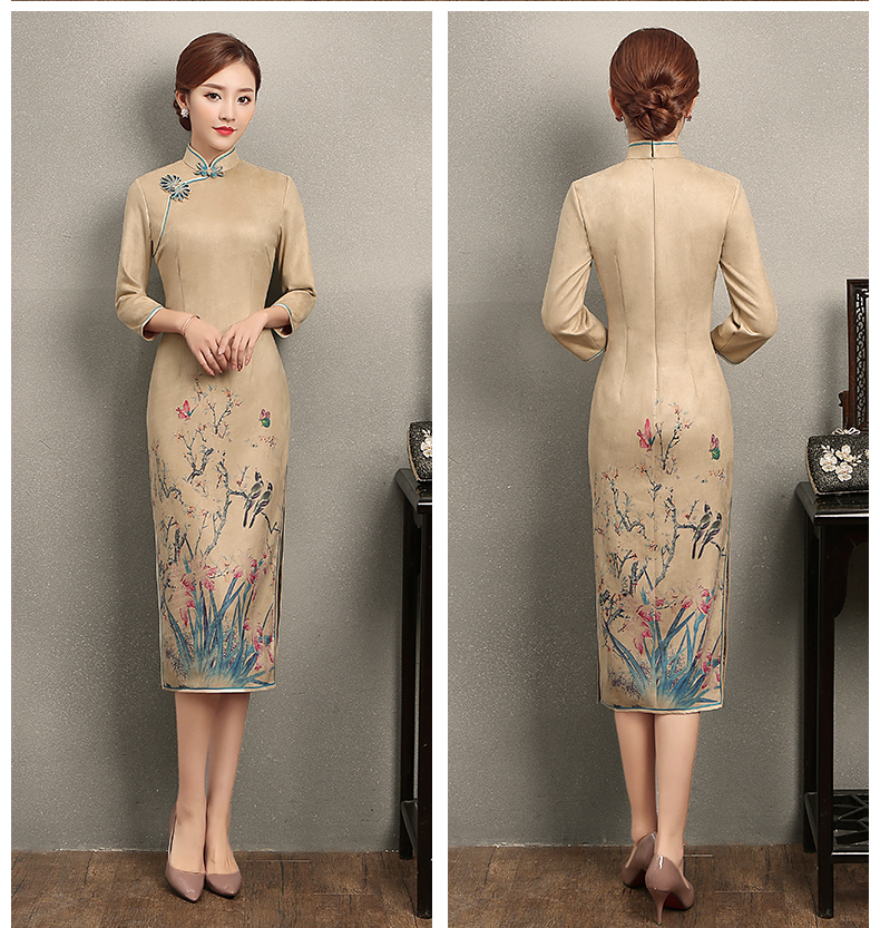 黃色印花相依旗袍，復古民族風旗袍裙