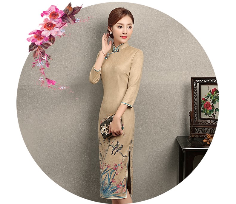 黃色印花相依旗袍，復古民族風旗袍裙