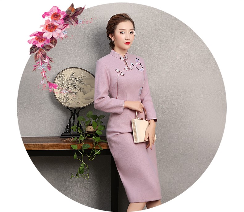 粉紫色繡花旗袍，復(fù)古民族風(fēng)旗袍裙