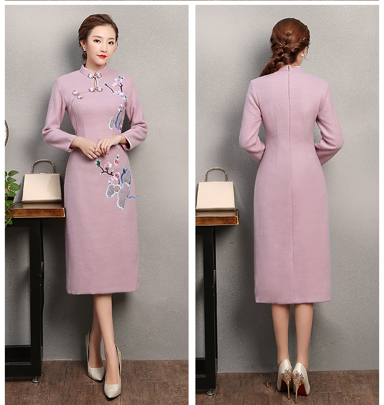 粉紫色繡花旗袍，復(fù)古民族風(fēng)旗袍裙
