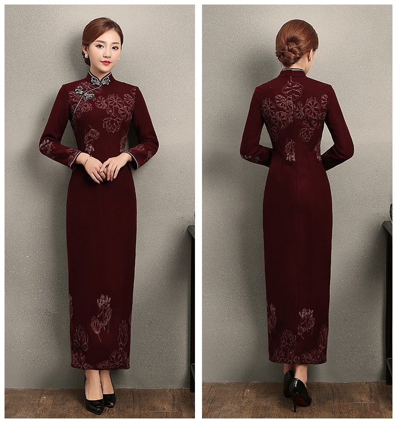 家佳樂文學(xué)荷花刺繡旗袍，復(fù)古中式旗袍裙