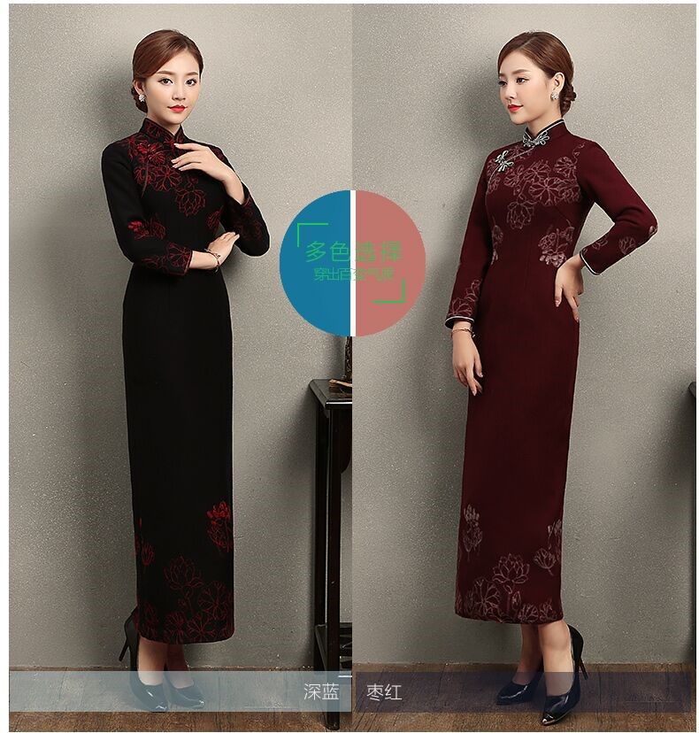 家佳樂文學(xué)荷花刺繡旗袍，復(fù)古中式旗袍裙